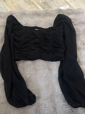 Altar'd State Black Ruched Sheer Long-Sleeve Crop Blouse